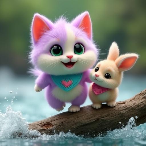A fluffy anthropomorphic kitten with pastel pink and lavender fur has a creamy white belly. The kitten has large green eyes and a blue bandana with a pink heart. It jumps onto a log leading a baby rabbit across a roaring river. The scene is whimsical and conveys a sense of adventure. The water is dynamic with splashes, and the background is soft-focused nature.