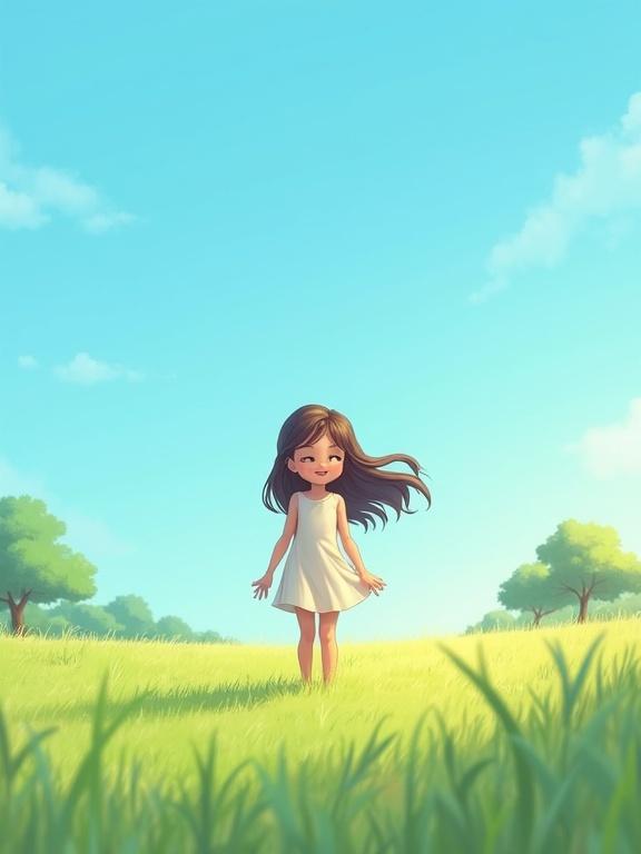A young girl standing in a serene open field under a bright blue sky. She has long hair wearing a flowing dress with a peaceful expression. The landscape is lush with green grass and a few trees in the background.