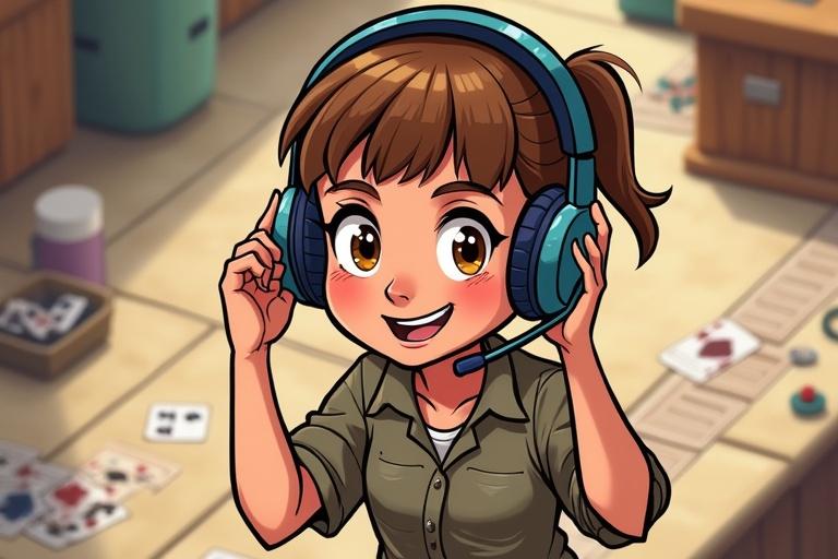 Support girl wearing a headset in a friendly gaming environment. She is animated in a modern cartoon 2D style. Show an overhead view with evidence of a card game setup. Include a central deck and discard pile with marine-colored card backs. Character features exaggerated expressions. Use soft directional lighting for visual texture.