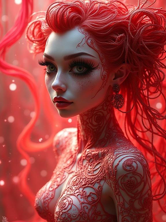 Hyperdetailed supermodel with red hair and red strings. Intricate zentangle patterns on the skin. 8K resolution artwork. A blend of glamour and fantasy.