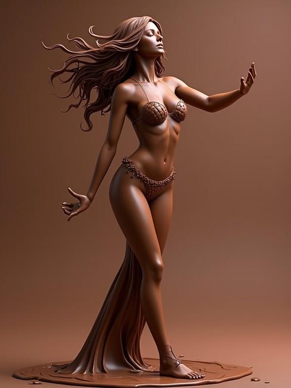 3D dancer in a bikini made of chocolate. Rich melted chocolate in background. Highly detailed and glossy texture. Fantasy realism with studio lighting.
