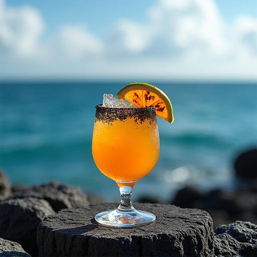Image of a sophisticated Father's Day drink in a crystal glass. Smoky mezcal margarita with black salt rim. Garnished with a charred orange slice and lime wedge. Placed on dark volcanic rock table by the shore. Background features deep blue waters of the Black Sea under a partly cloudy sky. Dramatic lighting highlights textures.