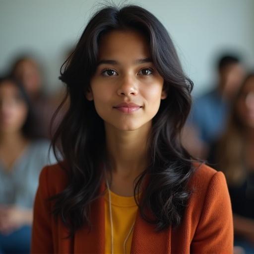 A Colombian student with dark hair is standing during a class presentation. The setting appears to be a contemporary classroom in an educational institution. Students are visible in the background, suggesting a group learning environment. The student wears a mini short look and is engaged in the presentation.
