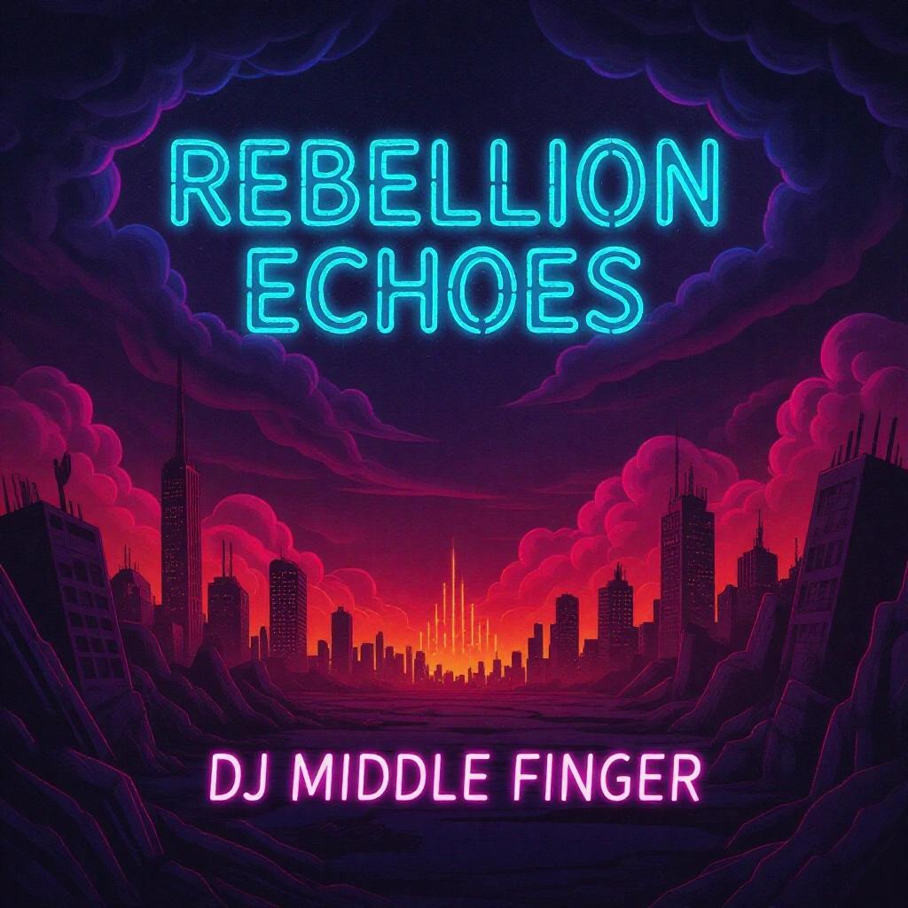 A dark artistic neon hellscape hip hop album cover with text 'Rebellion Echoes' and 'DJ Middle Finger' in cool writing.