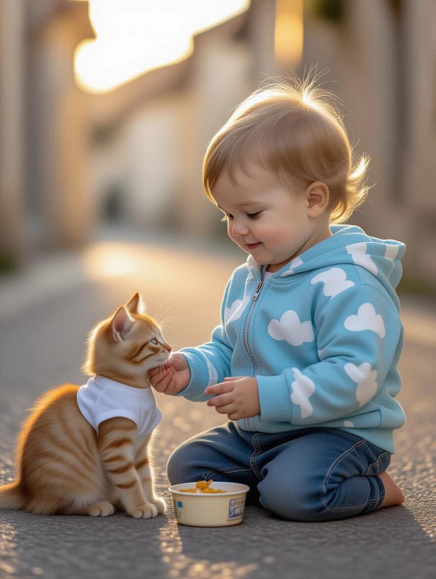 A toddler kneels on a quiet village street. He feeds a skinny orange kitten. The toddler wears a sky-blue hoodie with clouds. The kitten has a torn white T-shirt. The kitten eats from a small food container. The scene captures a warm emotional connection. Soft golden light from a sunset bathes everything. The atmosphere is peaceful and pure. Detailed fabrics and fur are clearly visible. The depth of field adds visual interest.