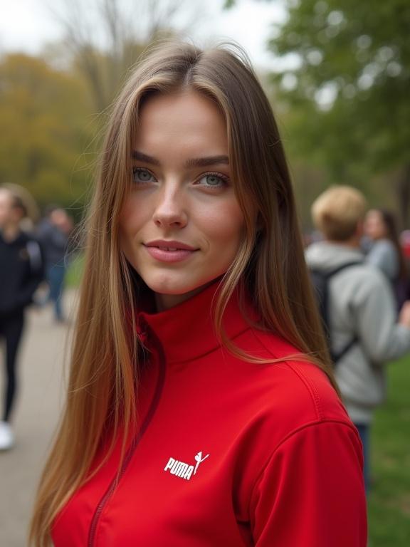 Ultra-photorealistic selfie of beautiful young woman in red Puma tracksuit top. Long straight light brown hair. Subtle smile. Friends in background. Blurred scene in park.