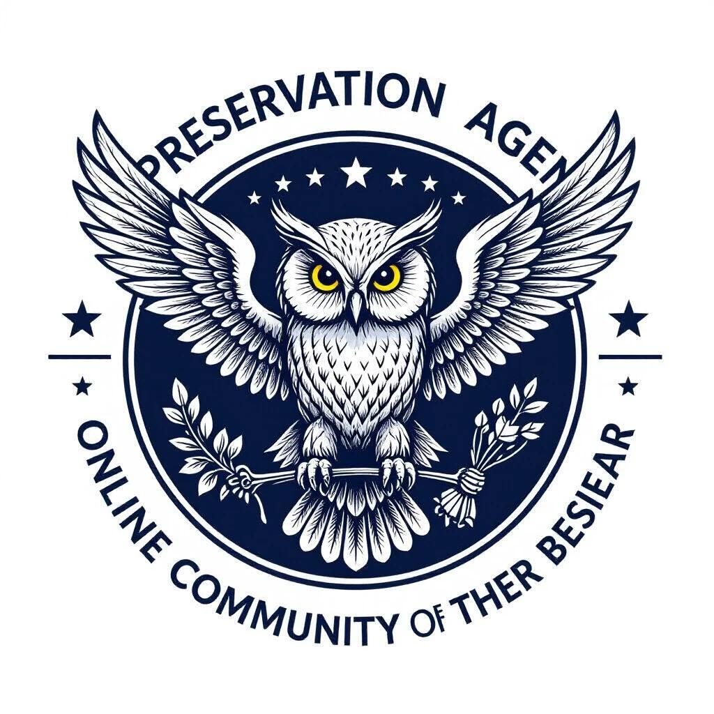 Logo design for preservation agency featuring a powerful owl. Design includes letters on the wings. Emphasizes preservation of online communities and historical narratives. Authoritative style inspired by government agency logos.