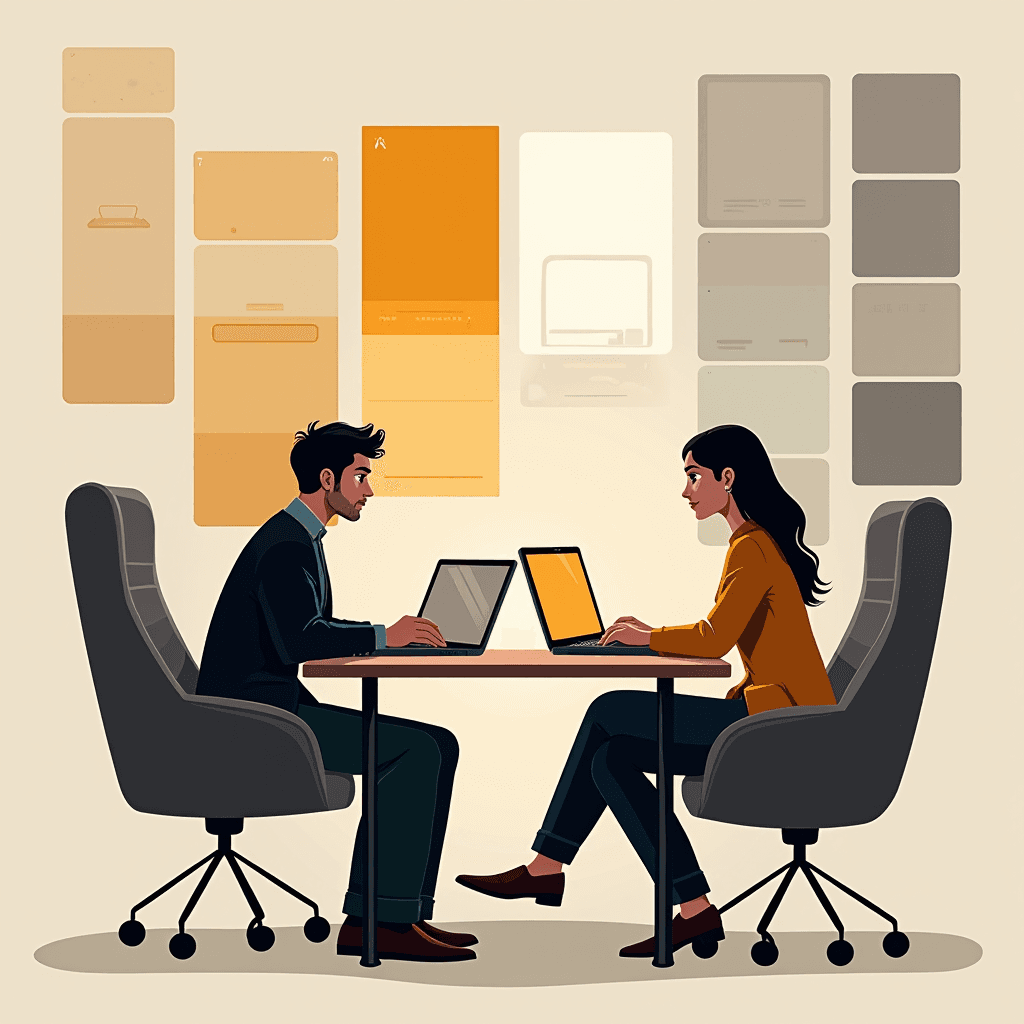 A man and a woman sit across from each other at a desk with laptops, surrounded by abstract walls and minimalistic icons.