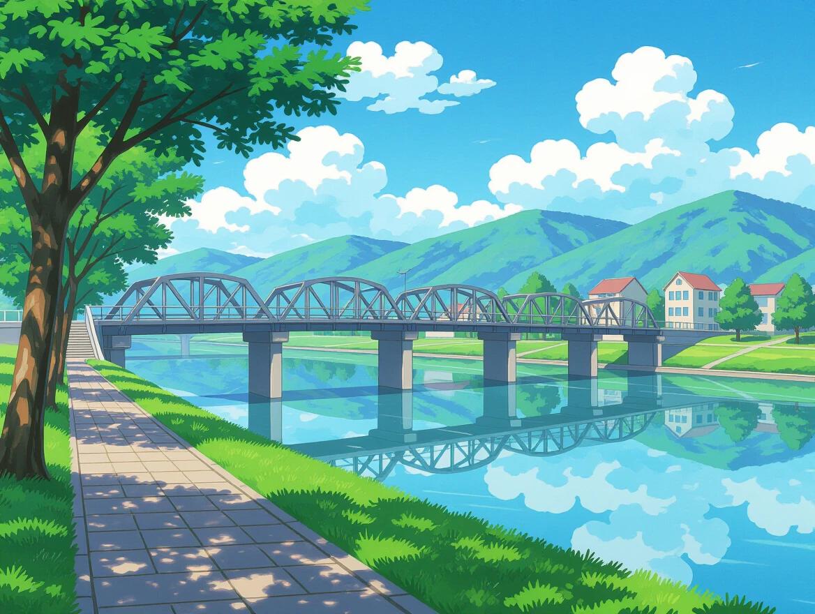 Landscape depicts a long bridge in anime style. Lush green trees frame the scene. Reflections on the calm river. Cloudy sky with fluffy clouds. Mountains in the background. Pathway alongside the river.