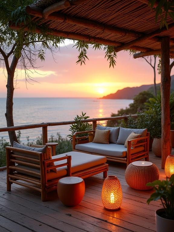 Cozy tropical balcony retreat overlooking the sea at sunset. Inviting wooden lounge chairs with cushions. Circular low wooden table with stools. Woven rattan lanterns casting a warm glow. Assorted potted plants in earthy tone pots. Rustic wooden railing and bamboo pergola overhead. Scenic sunset view over calm sea with mountain silhouettes. Warm, romantic, and peaceful ambiance for relaxation.