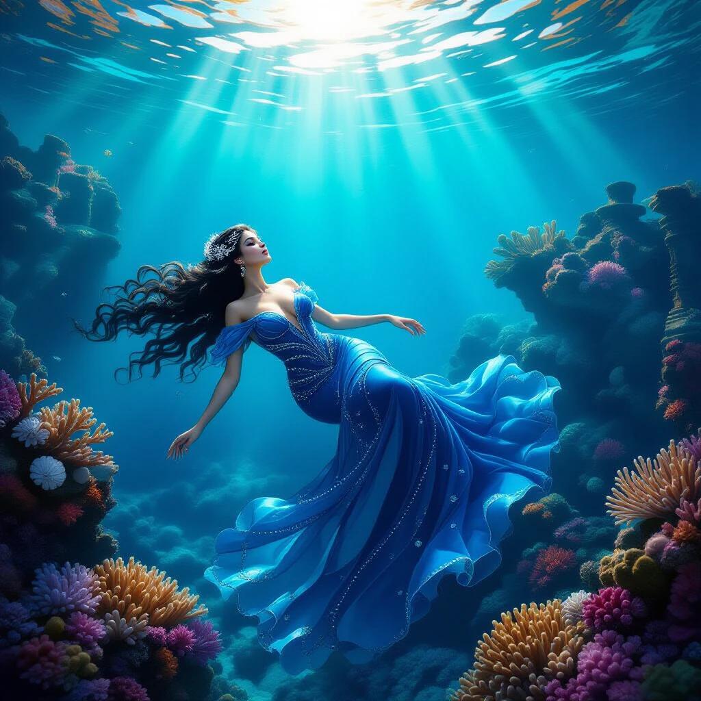 A breathtakingly beautiful sea witch floats in the depths of a crystal-clear ocean. She is among vivid coral reefs and ancient underwater ruins. Soft beams of sunlight filter through the water. Long flowing hair drifts like dark silk. An elegant deep-blue gown clings to her body. The gown is translucent, rippling like waves, adorned with pearls and seashells. Her serene figure reflects goddess-like elegance. Bioluminescent fish and jellyfish glow gently around her.