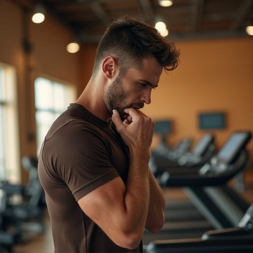 A scene inside a modern gym. A tired athletic man beside a treadmill. Wearing a fitted brown athletic t-shirt. Sweating and breathing heavily. Holding jaw in discomfort. Wincing in pain. Background with blurred gym equipment.