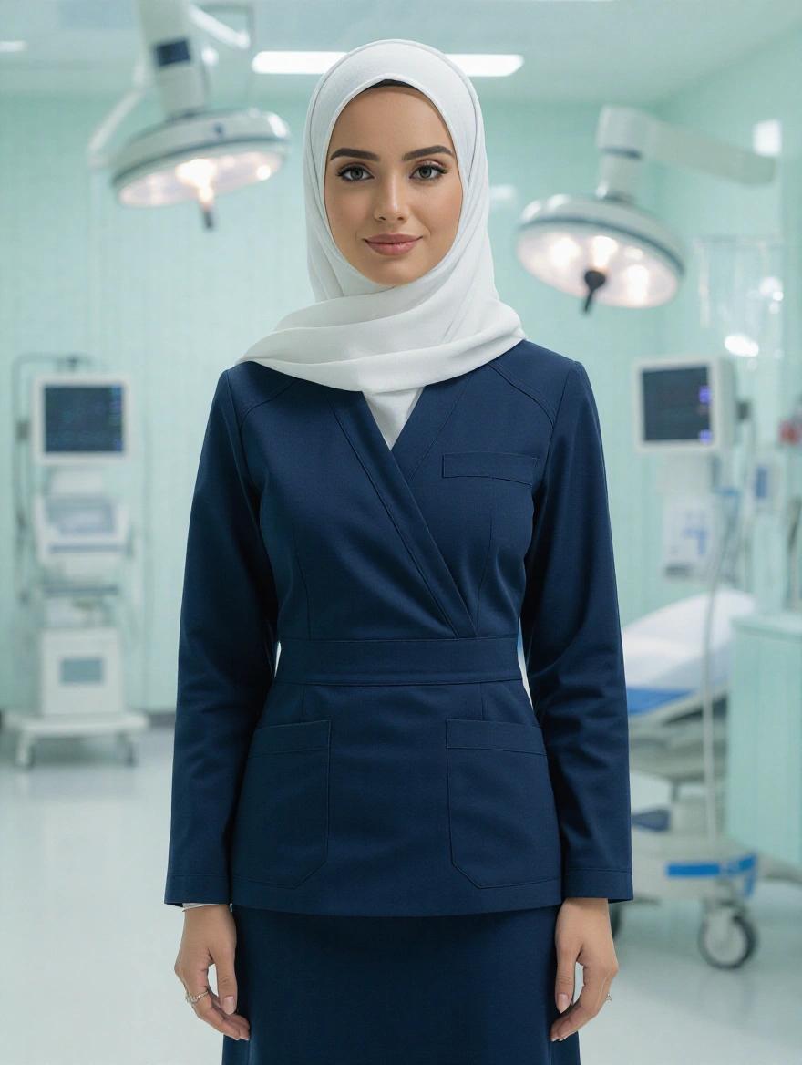 Woman wearing a white hijab and a fitted dark blue medical uniform in a hospital setting. The uniform contours the body and the background features medical equipment.