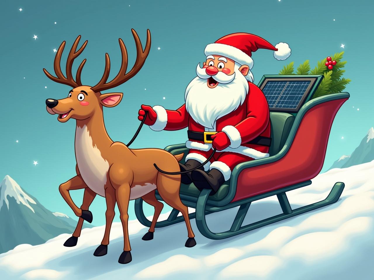 Santa Claus sits on a solar-powered futuristic sleigh. Reindeer pulls the sleigh holding a cable. Cartoon style with cheerful colors.