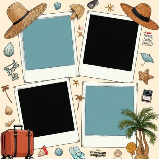 Square photo collage with vacation theme. Contains four photo frames in polaroid style. Each frame has white sketchy borders with extended bottom for captions. Solid black image areas indicate empty placeholders. Frames arranged with slight tilts and overlaps. Background is pastel beige or sky blue with hand-drawn vacation decorations. Text phrases like Beach Life and Chill Mode in playful font with assorted embellishments.