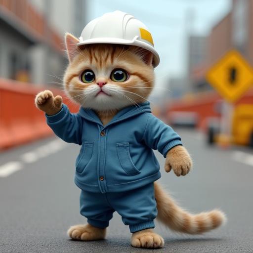 A semi-realistic cat in a white safety helmet and blue uniform. Cat extends one front paw for a safety confirmation gesture. Confident expression. Construction background with signs and barriers.