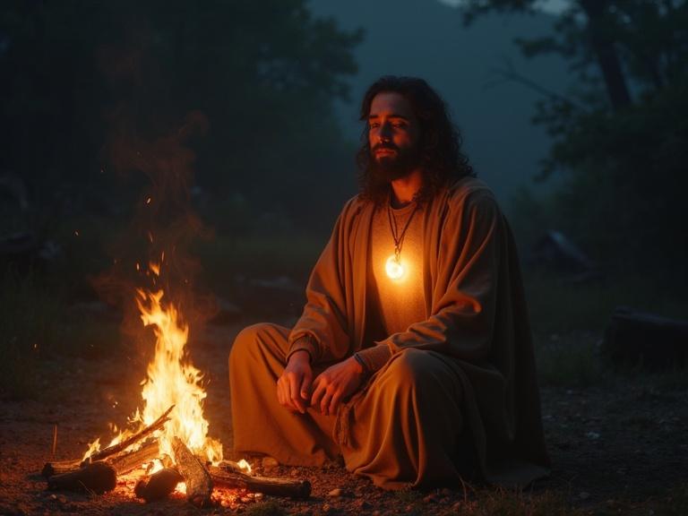 Enoch depicted sitting peacefully by a fire at night. A glowing flame in his chest represents spiritual longing. The scene has a realistic style with warm tones and symbolic elements. Aspect ratio is 9:16.