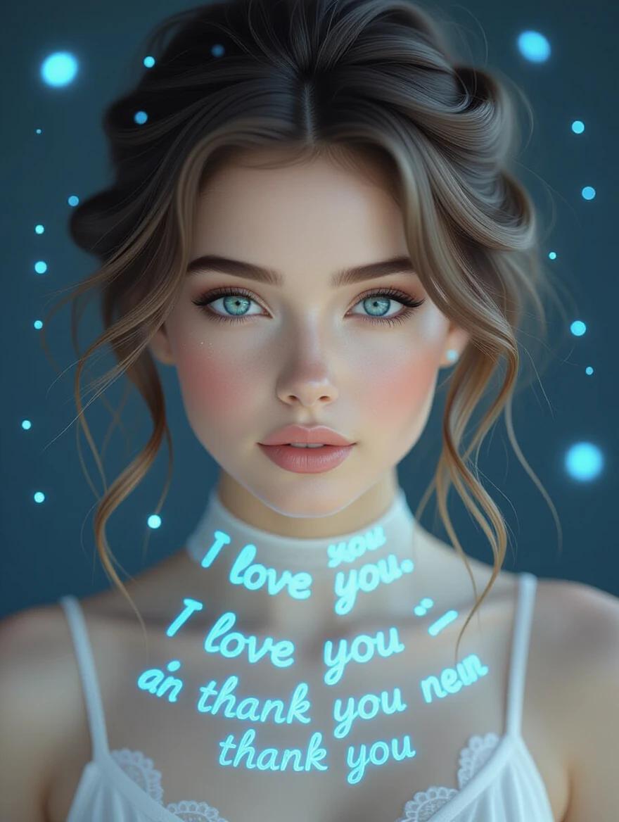 Digital artwork of a young woman with fair skin and blue-green eyes. Wavy brown hair slightly messy. Gaze directly at viewer with a neutral expression. Glowing, translucent blue text on skin featuring words like 'I love you' and 'thank you'. Dark blurred background with light patterns. High aesthetic quality, detailed and realistic style.