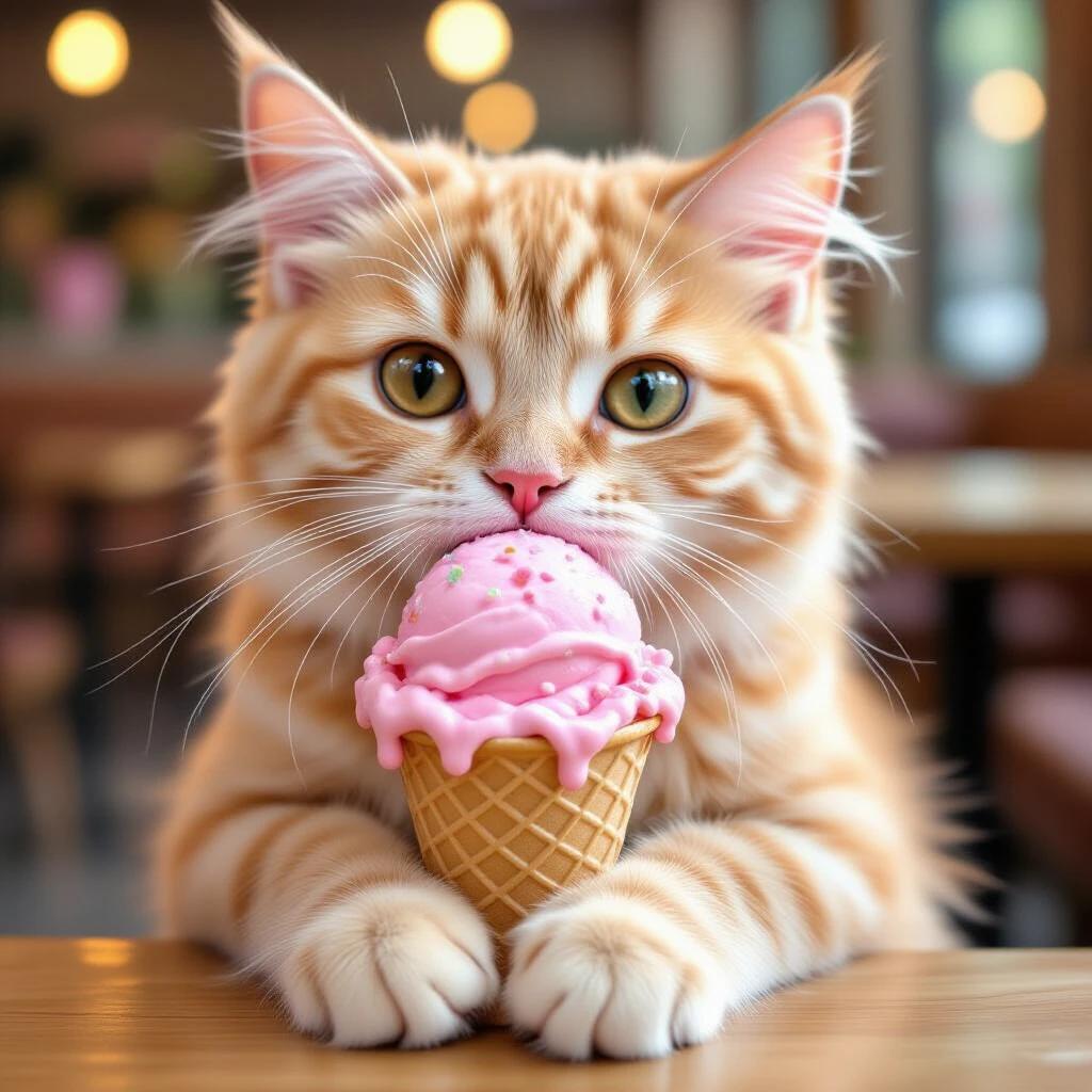 A fluffy orange tabby cat enjoying a pink ice cream cone. The cat's paws are holding the cone while its big cute eyes look at the viewer. The background features a soft-focus cafe scene with warm colors.