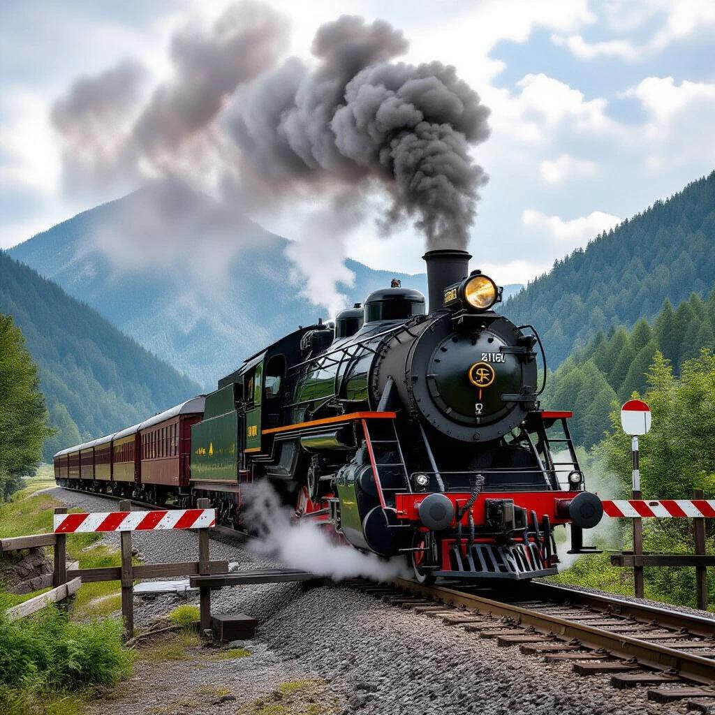 Hyperreal 3D photograph of 1870 steam locomotive in Romanian Carpathians. Train crossing mountain road at railroad barrier. Locomotive occupies most of the frame with visible rivets and boiler texture. Volcanic steam plume from stack. Cars stopped behind barrier are blurred. Background features pine forests and distant peaks with creamy bokeh. Insane detail of scene with HDR highlights. Aimed for photonic realism with a steel beast perspective.