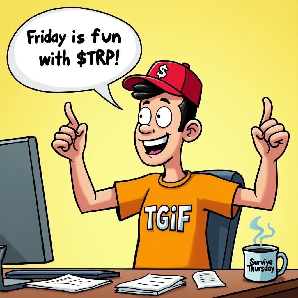 Humorous meme about Friday with a cartoon character celebrating the weekend. Character wears a bright-colored TGIF t-shirt and a red baseball cap labeled $TRP. The background shows an office desk with papers and a coffee mug saying Survive Thursday. Speech bubble states, Friday is fun with $TRP. Lighthearted tone suitable for working professionals.