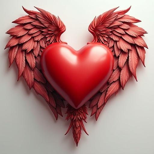 A heart with four wings in a creative design. Heart is red and has a smooth surface. Wings appear to be made of leaves, styled elegantly. Background is simple and unobtrusive.