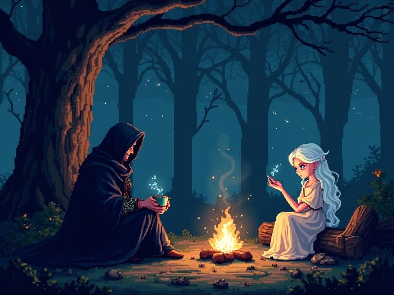 Pixel art style scene depicting a storyteller in a hooded cloak and a ghost-like girl by a campfire in a shadowy forest. The storyteller holds a glowing cup, and the girl smokes a cigarette while wearing a tattered vintage dress. Twisted trees loom in the background, with glowing runes and flickering fireflies. The overall atmosphere is dark and enchanting.