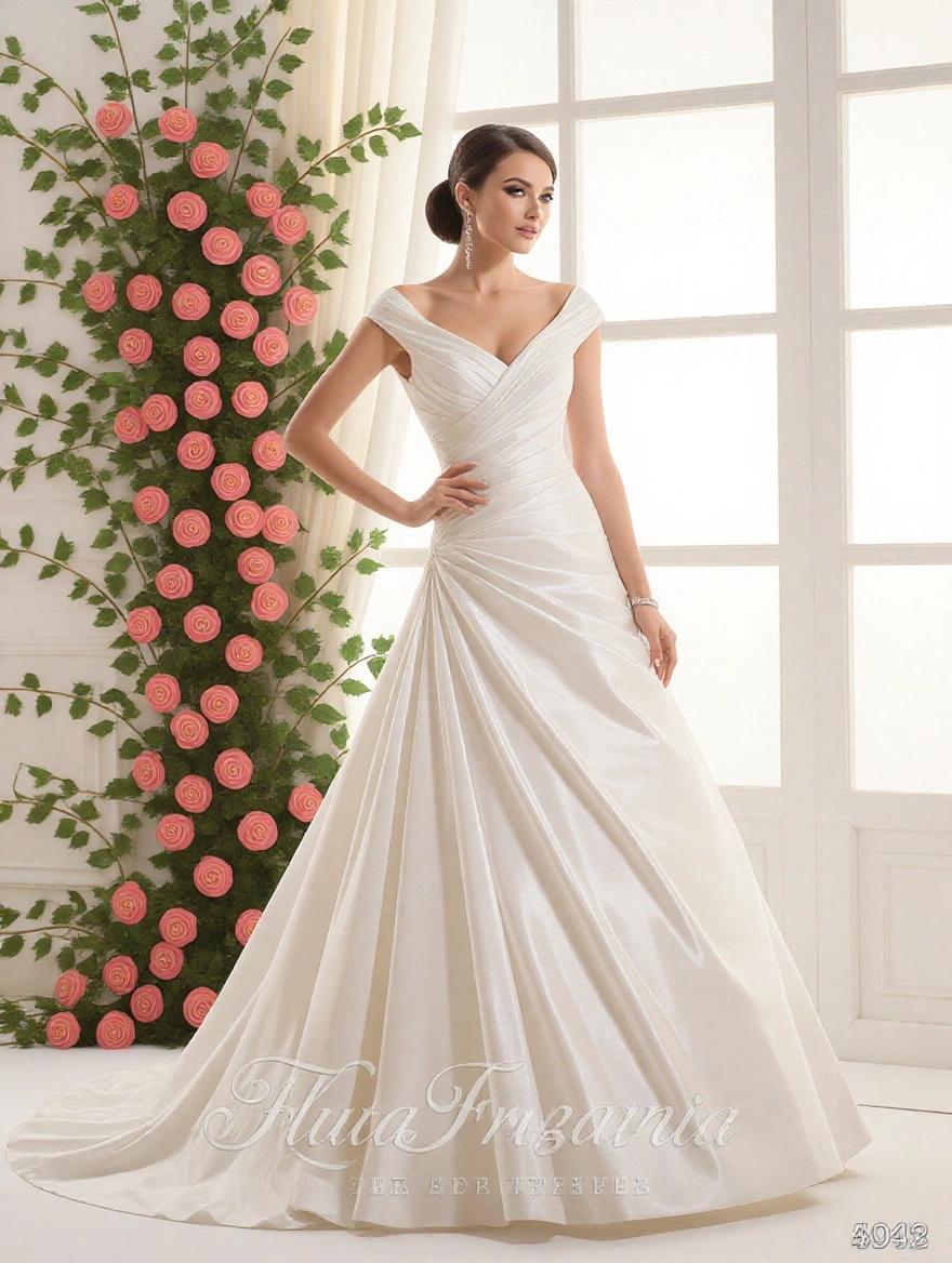 Elegant and beautiful bride wearing a curvy silhouette wedding dress. Background features a floral arrangement with roses. Soft natural lighting enhances scene. Bride stands confidently, showcasing gown's details.