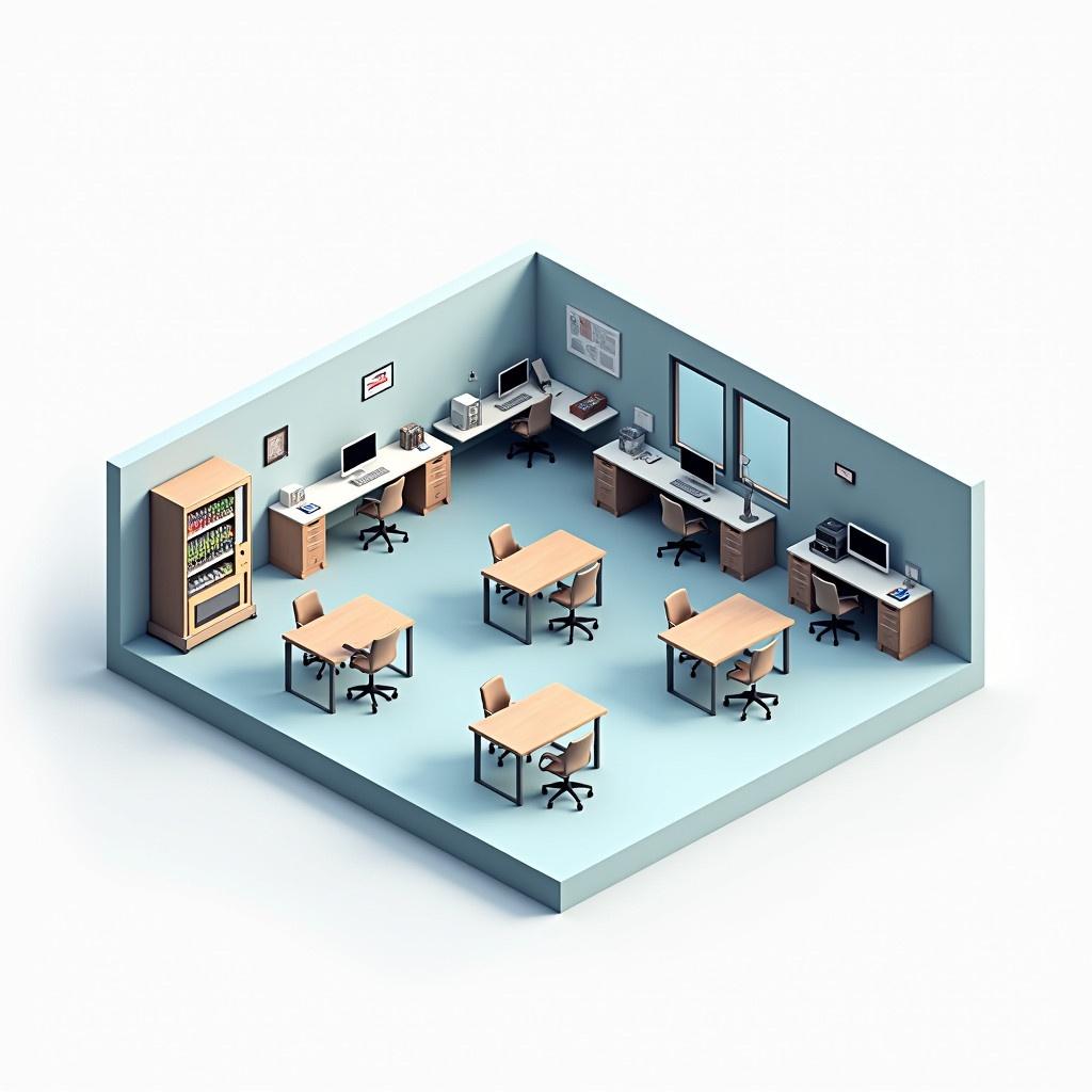 isometric illustration of an office room cross-section featuring tables and computers with a vending machine