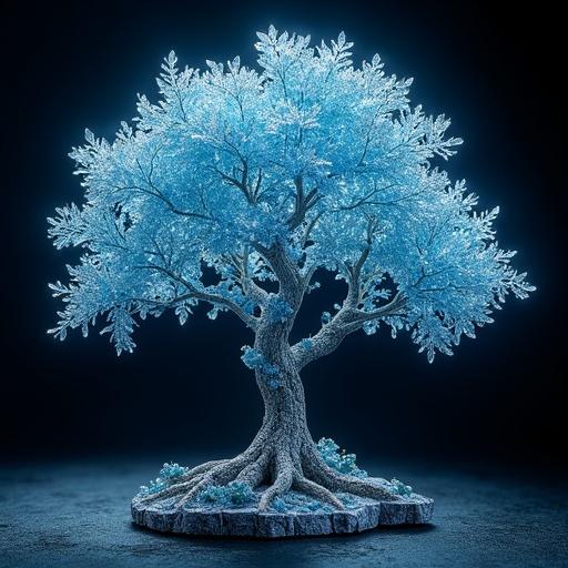 Hyper-realistic image of a crystal tree. Tree made of crystals and diamonds. Semi-transparent brown crystal trunk. Pointed, transparent navy blue diamond leaves. Includes lighting and shadows with professional camera lens effect.