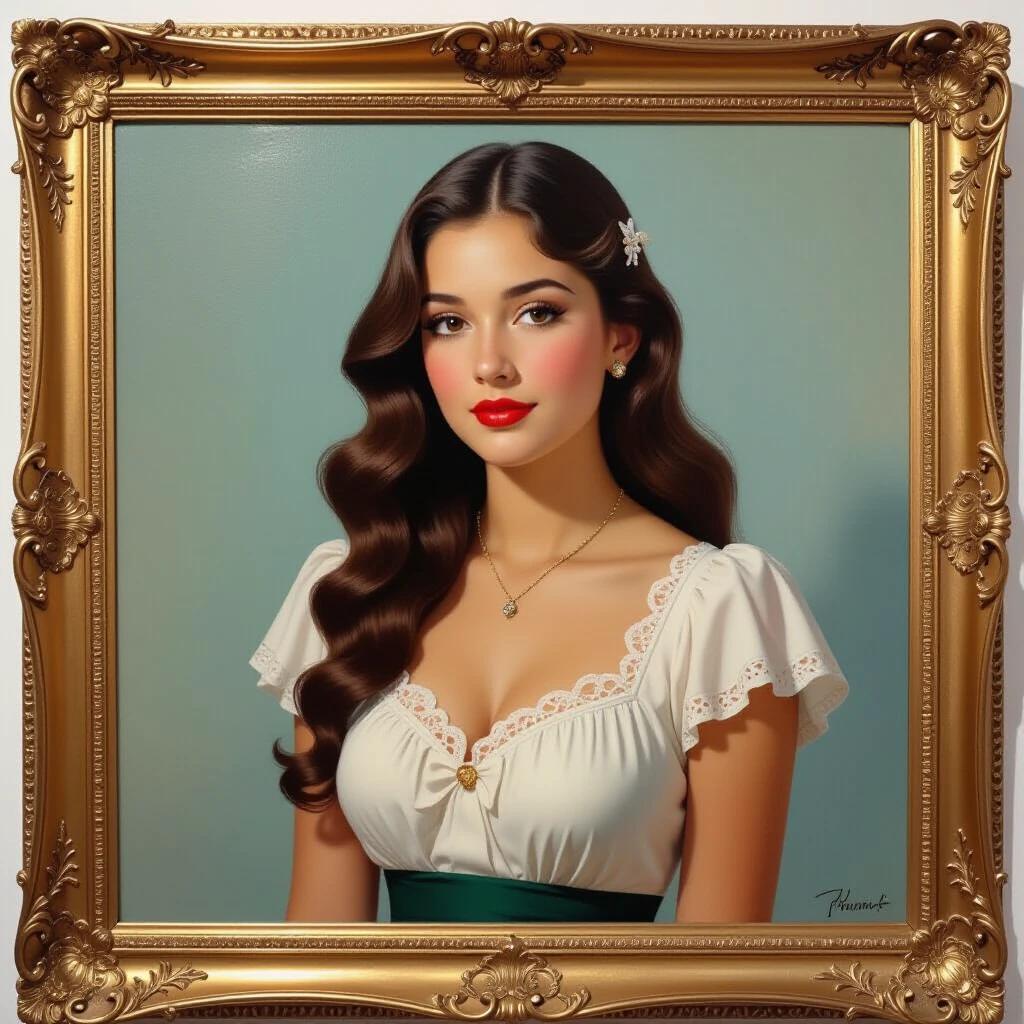 Classic Parisian woman in hyperrealism style. Elegant dress with intricate lace. Long wavy hair styled beautifully. Gold frame accentuates the portrait. Soft lighting enhances features.