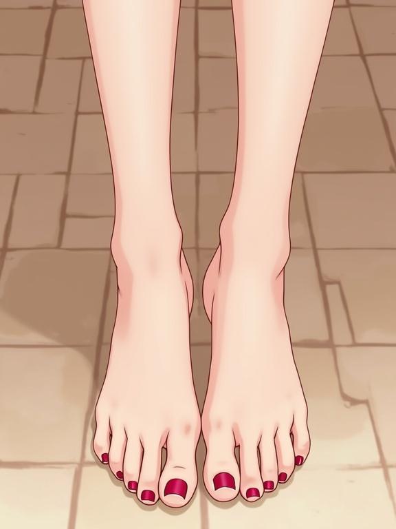 Feet of a girl illustrated in anime style. Focus on cute features and manicured red toenails. Tiled background enhances the appearance of the feet.