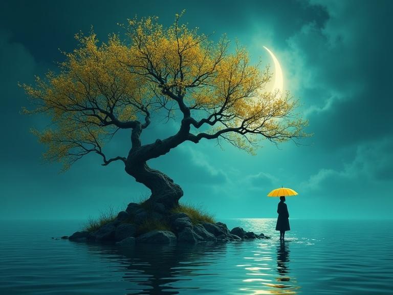 Golden blossoms on twisted tree on small island. Surreal dreamlike scene with cinematic lighting. Soft teal and blue tones. Glowing crescent moon in sky. Figure in dark overcoat holds yellow umbrella. Standing in reflective water. Tranquil moody atmosphere.