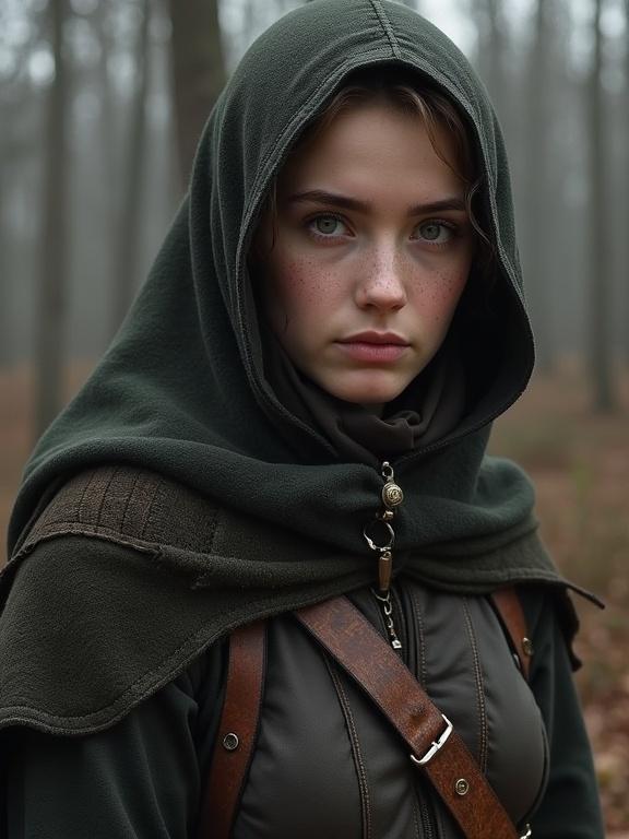 A mysterious young woman wearing a hooded cloak stands in a foggy forest. She has striking green eyes and freckles on her face. The atmosphere is dark and moody, with trees fading into the background.