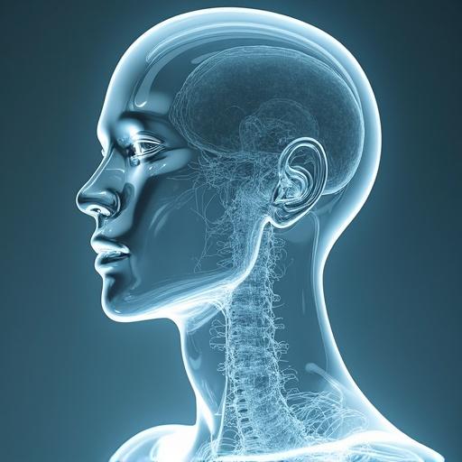A closeup shot of a transparent human figure showcasing detailed anatomy elements in a side profile view.
