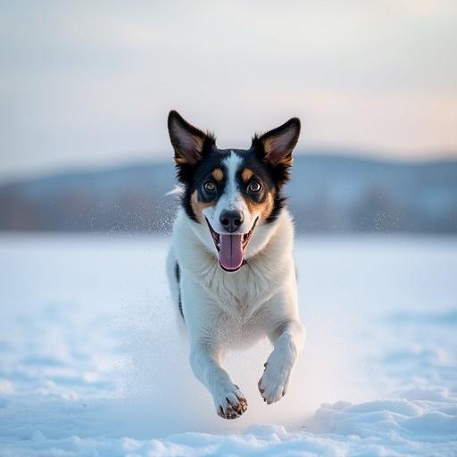 Dog runs joyfully in snowy landscape