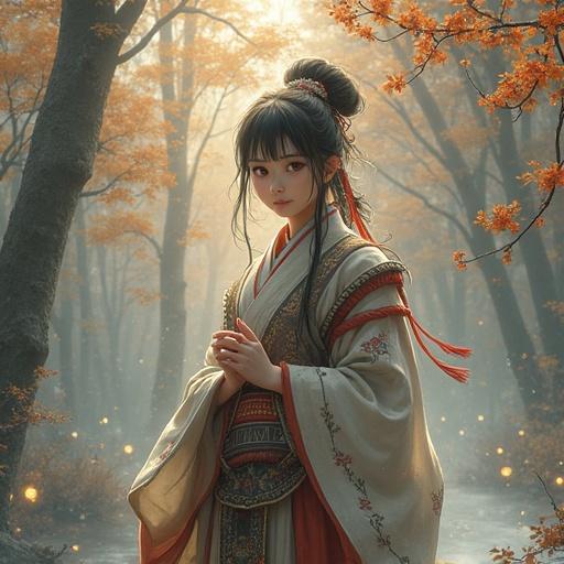 A young woman in traditional East Asian clothing stands in a serene autumn forest. She has a gentle expression and the foliage is in soft focus. The atmosphere is calm and warm.