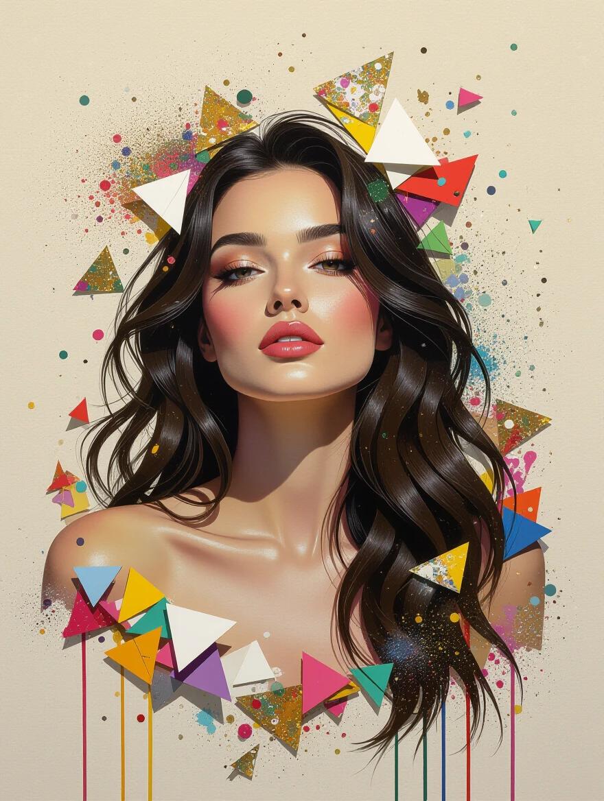 Portrait of a woman with long dark hair. Surrounding elements include colorful triangles and abstract shapes. Emphasis on texture and mixed media. Features bright, luminous colors with a magical feel.