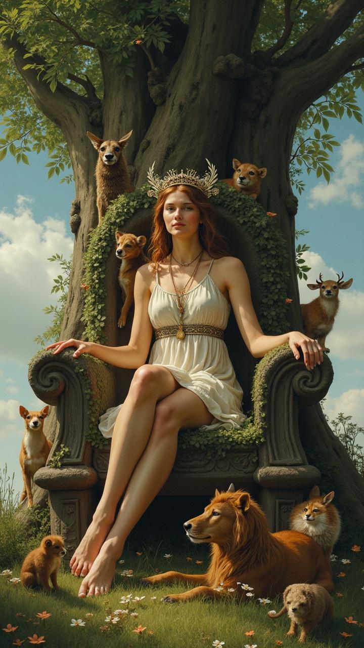 A woman dressed in a white gown sits on a throne surrounded by various forest animals under a grand tree.