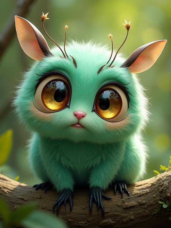 Cute fuzzy creature with mint green fur sitting on a tree branch. Large hazel-brown eyes shimmer with golden reflections. Whiskers or feelers sprout from its head. Soft fur texture and rounded body shape. Neutral expression and tiny pink nose. Playful forest background. Close-up perspective.