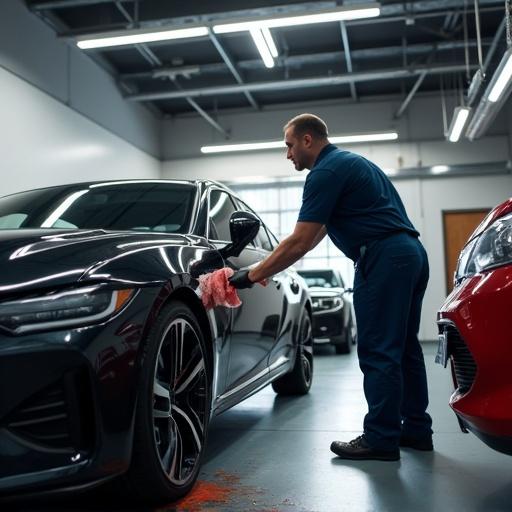 Professional detailer cleaning a car inside a garage. Detailer uses a microfiber cloth on the vehicle's surface. Two cars are parked inside the garage.