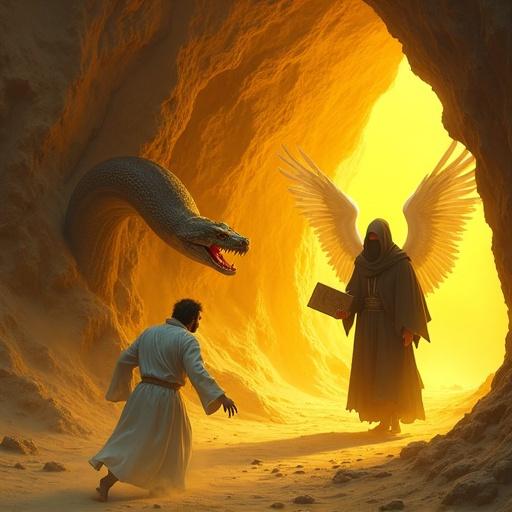 A digital painting depicting a dramatic scene inside a glowing cave. A frightened man in a white robe crawls backward. A giant snake with open mouth and fangs emerges from shadows. A hooded angelic figure in dark robes holds a glowing book and a stone tablet. The scene has intense golden-yellow lighting with high contrast, creating a mystical atmosphere.