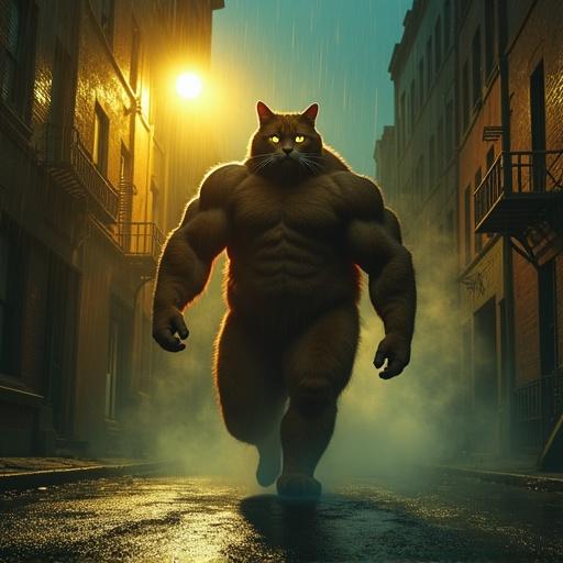 A dramatic noir-style scene featuring a rain-slicked dark alley. The alley is illuminated by flickering streetlights creating yellow pools of light. Thick, milky fog swirls at ground level. A massively muscular ginger tomcat emerges from the mist with cartoonish strength. His wet fur glistens under the unstable lighting. The cat walks powerfully on the cobblestones sending sparks from his claws. Shadows behind him hint at a gang of alley cats. Decaying brick buildings are partially obscured in the backdrop.