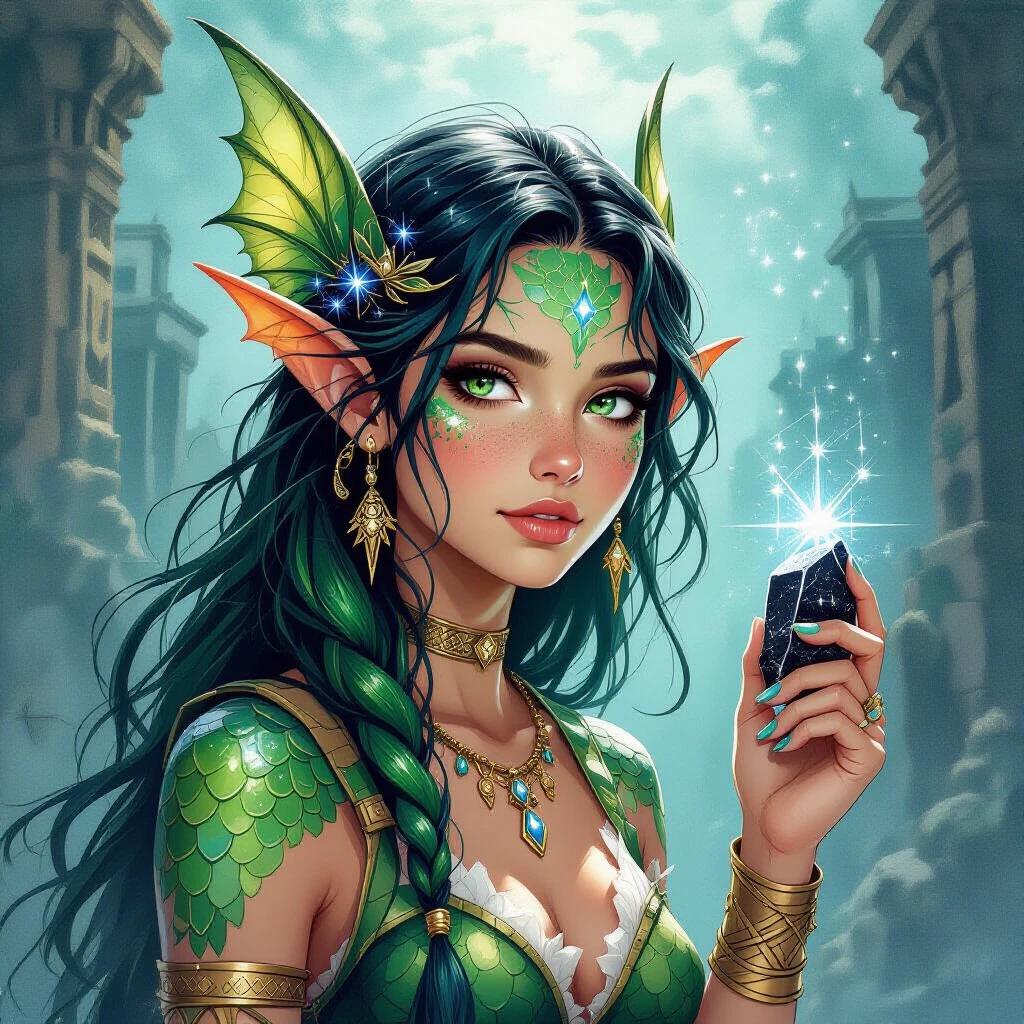 Dark Watercolour illustration depicts a teenage Triton fish-girl with sharp finned ears and green-blue scaled skin. Background set in a harsh Ancient-Grecian-Fantasy port city. Character dressed in Ancient-Greek-Fantasy attire. Wielding magic with a black stone that casts constellations. Long slick-backed green-blue hair is prominent. Fish scales adorn her cheeks forehead arms and back of neck.