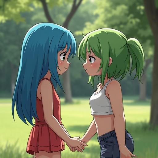 Two girls in a park. One girl has blue hair. The other girl has green hair. They are holding hands. A playful atmosphere is present.