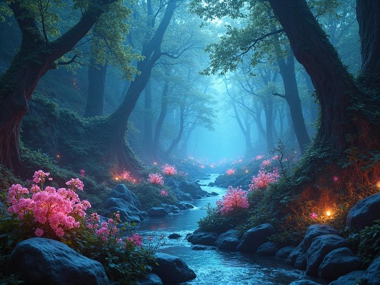 Post-human digital sanctuary in a crystalline forest with biomechanical flora and glowing data streams. Features atmospheric lighting and surreal ambiance.