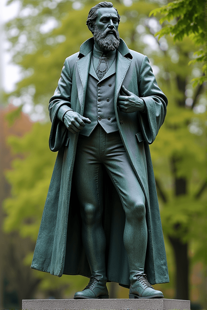 A bronze statue of a bearded man in a suit stands confidently, with trees in the background.