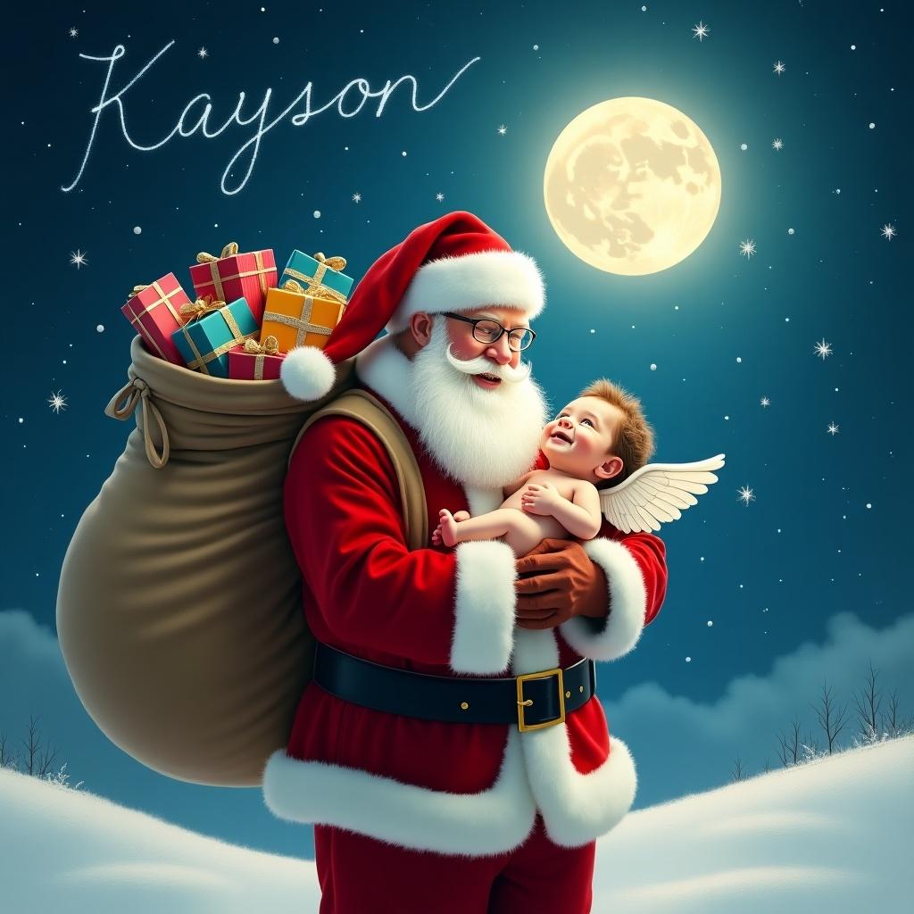 Santa Claus under moonlight. Cradles baby boy with angel wings. Plush sack of colorful gifts on shoulder. Snowflakes cascade gracefully. Iconic red and white suit with black belt. Name 'Kayson' written among stars in the sky.