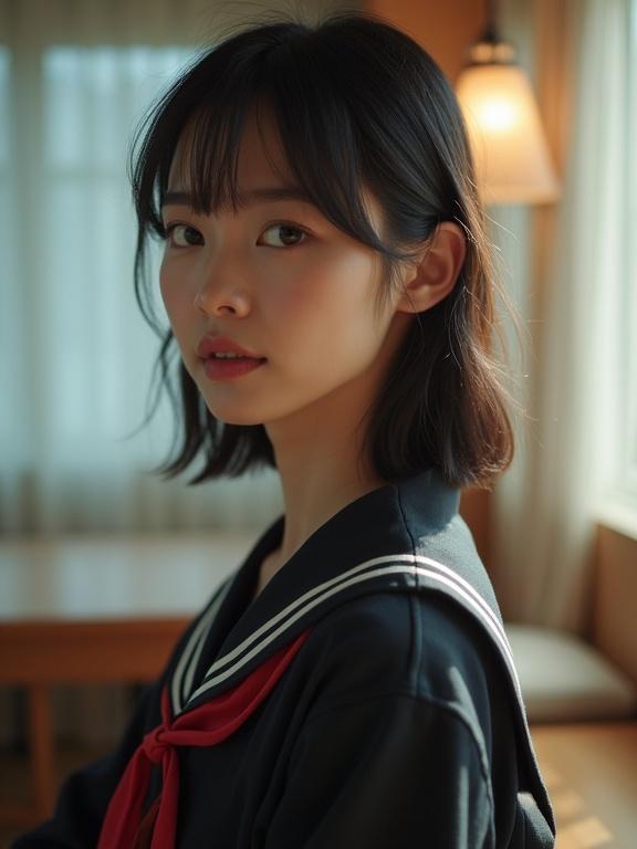 Soft lighting creates a warm ambiance. Japanese woman wears a high school girl's uniform. Focus on her facial features and gentle expression.