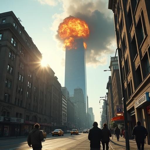 Cinematic street view shows a tall skyscraper with a realistic explosion at the top. People run in panic as traffic is disrupted. Ash and debris fall from the building. Light poles line the street with shops and signs visible. Thick smoke clouds rise into the sunny blue sky. Shadows and details enhance the realism of the scene.